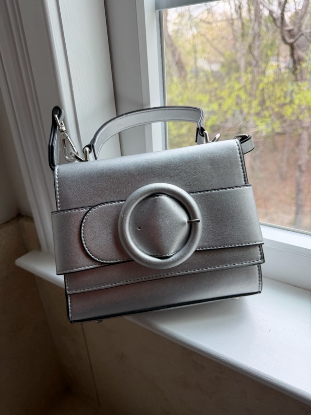 Silver Metallic Top-Handle Crossbody Bag with Statement Buckle